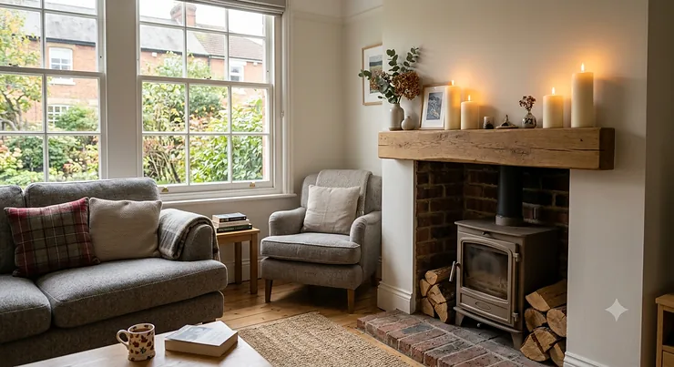 A cosy British living room with lit white paraffin pillar candles burning safely on a wooden fireplace mantlepiece.