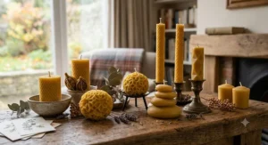 A collection of artisan decorative beeswax candles in unique shapes, styled as modern British home decor accessories.