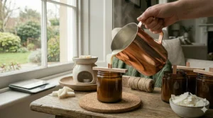 Molten wax being poured from a premium copper pitcher into a glass jar candle on a cork coaster, with leaf-shaped wax melts and a ceramic burner visible in a soft-focus background.