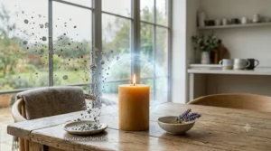 An illustrative graphic explaining the air-purifying benefits of pure beeswax candles when burning in the home.