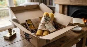 An opened Amazon delivery box revealing beautifully gift-wrapped beeswax candles, ideal for British gifting.