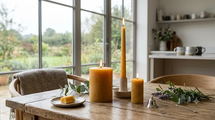 A collection of the best beeswax candles including hand-dipped taper and stubby pillar styles lit on a rustic wooden table.
