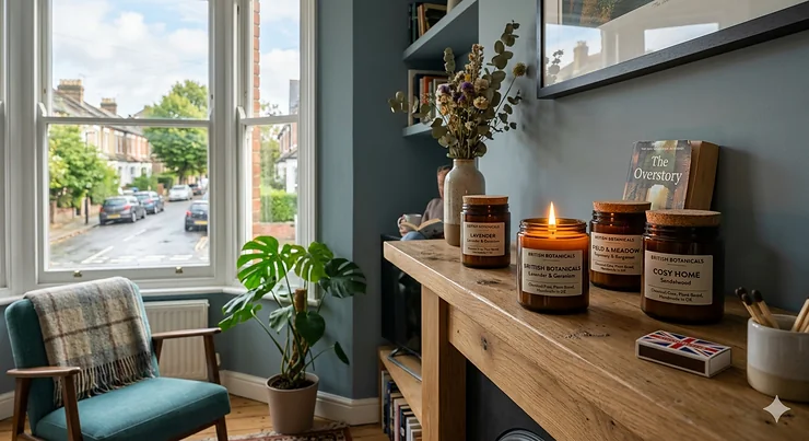 A selection of amber glass chemical free candles on a rustic wooden mantelpiece in a cosy British living room with a bay window showing a residential UK street.