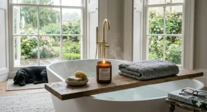 Alt text for image 8: A lit aromatherapy candle on a wooden bath bridge across a modern freestanding bathtub during a relaxing bath routine.