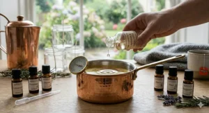 Alt text for image 3: Pouring pure essential oil into a copper pot of melted wax, surrounded by amber glass bottles of lavender, rosemary, and thyme oils.