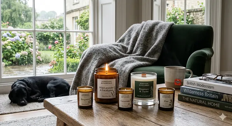 Alt text for image 1: A premium collection of the best natural candles in amber glass jars on a rustic wooden coffee table in a cosy British sitting room.