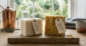 Alt text for image 5: Large blocks of natural British rapeseed wax and sustainable yellow beeswax sitting on a wooden board with handwritten tags.
