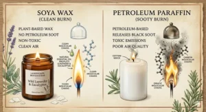 Alt text for image 4: An infographic comparing clean-burning soya wax candles with dirty petroleum paraffin candles, highlighting molecular chains and soot emissions.