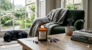 Alt text for image 6: A lit natural candle with a crackling wooden wick burning on an oak table next to a steaming mug of tea in a cosy British home.