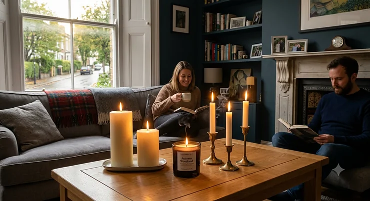 A selection of the best paraffin candles, including white pillar and scented jar candles, lit on a wooden coffee table in a cosy British living room.