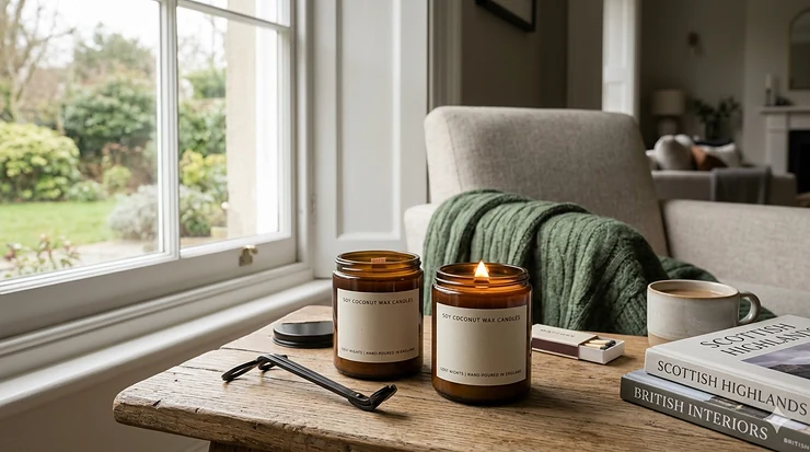 Two amber glass soy coconut wax candles, one lit with a bright flame, resting on a rustic wooden table in a cosy British living room next to books titled "Scottish Highlands" and "British Interiors," with a classic sash window looking out onto a green garden in the background.