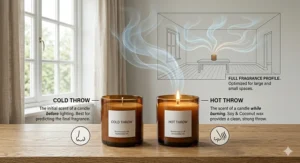 An infographic explaining candle cold throw versus hot throw for a soy coconut candle with a strong scent.