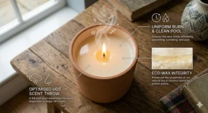 A top-down view of a perfect candle melt pool, essential for maximising a strong soy coconut candle scent throw.