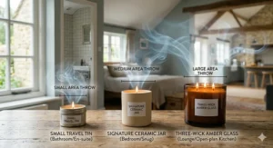 A room size guide demonstrating how to achieve a strong scent throw using different sizes of soy coconut candles.