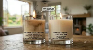 A visual comparison showing black soot deposition from a cheap paraffin candle versus clean-burning natural vegetable wax.