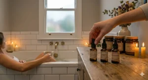 A relaxing candlelit bath scene in a traditional British bathroom featuring a woman holding a mug, with essential oil bottles and lit pillar candles on a rustic wooden bath bridge.