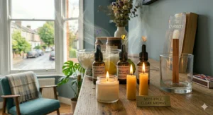 Two small chemical free candles burning with bright, steady flames, emitting a clean, soot-free aroma with subtle botanical graphic accents.