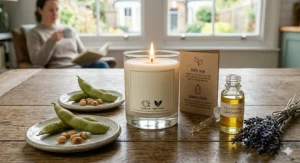 Alt text for image 4: Side-by-side comparison diagram showing a clean-burning fully soy candle no blend versus a soot-emitting synthetic paraffin wax blend.