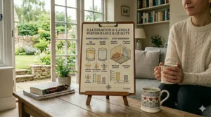 Illustration showing how easily biodegradable soy wax cleans up with warm soapy water compared to stubborn paraffin candle wax.