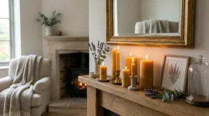 A cluster of lit natural honey-coloured beeswax pillar candles creating a cosy atmosphere on a living room mantlepiece.