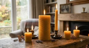 Eco-friendly beeswax candles burning cleanly with a bright flame, highlighting their soot-free and long-lasting benefits.