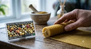 An eco-conscious graphic highlighting the sustainable benefits of 100% biodegradable and renewable beeswax sourced from British apiaries.