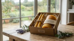 Sustainable plastic-free packaging for the best beeswax candles wrapped in recyclable cardboard boxes with natural twine.