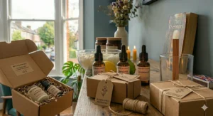 Handcrafted chemical free candles packed neatly inside recyclable cardboard gift boxes with shredded paper filler, twine, and kraft paper tags.