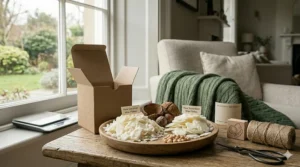 A wooden display platter showcasing raw ingredients for soy coconut wax candles, including heaps of natural coconut wax flakes and soya bean wax flakes with small labels, alongside whole soya beans and a coconut shell.