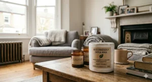 A sustainable soy wax candle with a clean-burning cotton wick, styled next to natural botanical elements and a green leaf.