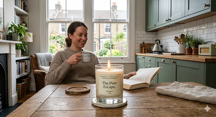 Alt text for image 1: A lit fully soy candle no blend option in a minimalist clear glass jar, burning with a steady flame on a rustic wooden table in a cosy British living room.