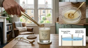 Alt text for image 7: Line-art instruction guide for fully soy candle no blend maintenance, illustrating how to trim a cotton wick to five millimetres for an even wax pool.