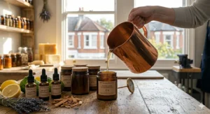 An artisan hand-pouring warm, melted natural wax from a copper pitcher into an amber glass jar to create a chemical free candle in a sunlit UK workshop.