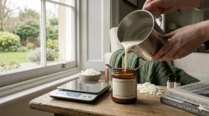 A close-up of a candlemaker pouring molten creamy soy coconut wax from a stainless steel jug into an amber glass jar with a wick holder, set against a cosy British workshop background.
