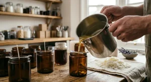 An artisan carefully hand-pouring molten soy wax into glass jars in a UK-based craft studio workshop.