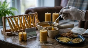A close-up illustration detailing the distinct textured honeycomb pattern of locally hand-rolled British beeswax sheet candles.
