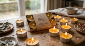 A pack of handmade beeswax tealight candles in sustainable cups, lit to show their warm golden glow.