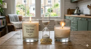 Alt text for image 8: Timeline chart illustrating the extended burn time of a fully soy candle no blend compared to fast-burning synthetic wax mixtures.