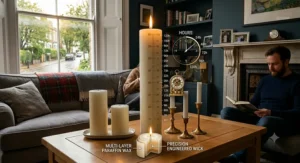 A tall ivory paraffin pillar candle burning steadily, demonstrating the excellent burn time and longevity of high-quality paraffin wax.