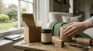 Hands preparing an eco-friendly gift pack of a soy coconut wax candle, featuring an open kraft cardboard box, brown wrapping paper, a ball of twine, and a wooden stamp showing a coconut illustration on a rustic tabletop.