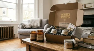 A luxury soy wax candle presentation with premium cardboard packaging, perfect for a British birthday or housewarming gift.