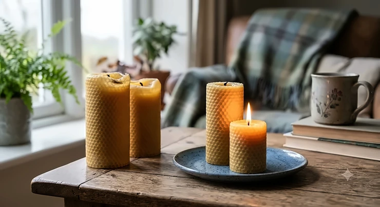 A selection of hand-rolled golden beeswax pillar candles burning on a rustic oak table in a cosy, dimly lit living room, showcasing the warm amber glow and clean burn.