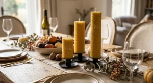 Three natural beeswax pillar candles of varying sizes arranged as a dining table centrepiece for a dinner party.