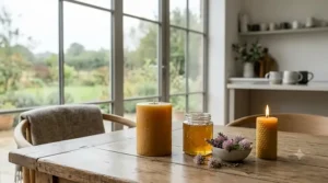 A burning beeswax candle next to a jar of British honey to illustrate the natural, subtle sweet scent profile.