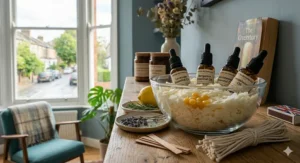 A large glass bowl filled with natural soya wax flakes and raw beeswax pellets, surrounded by lavender sprigs and essential oil bottles on a wooden workshop table.