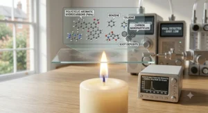 A scientific diagram showing the chemical compounds and volatile organic compounds released when a petroleum-based paraffin candle burns.