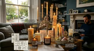 A variety of paraffin wax candles in different shapes and colours, including colourful tealights, votives, and large pillar candles.