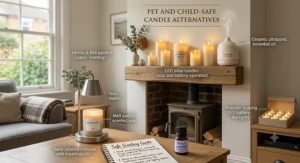 Graphic icons representing safe candle practices around pets and children, including the use of LED battery-operated tea lights.