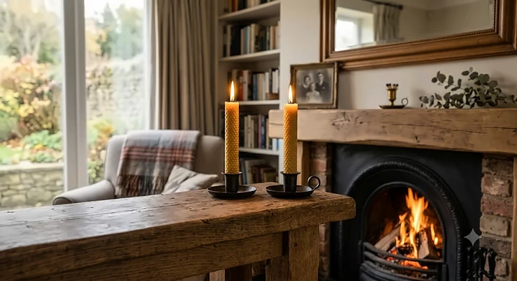 A pair of pure beeswax candles burning elegantly on a wooden mantlepiece in a cosy British living room. beeswax candles amazon
