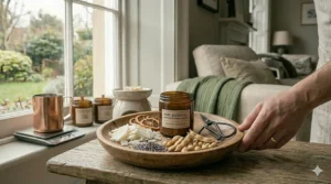A hand presenting a wooden tray holding a "Pure Botanical" amber candle jar, dried orange slices, lavender seeds, coconut flakes, and raw soya pods next to vintage candle-trimming scissors.